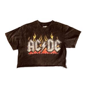 AC/DC Mineral Dye Black Short Sleeve Glitter Logo‎ Cropped Top T Shirt M *defect